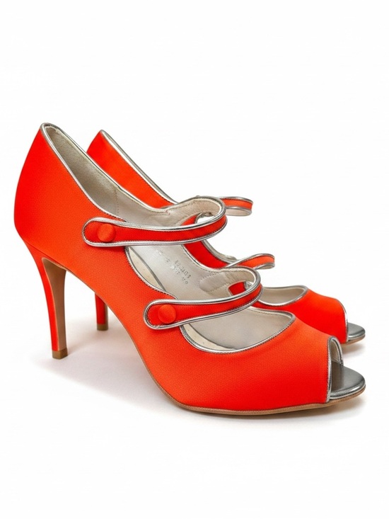 Boden Shoes - NWOT Boden Orange Double-Strap Peep-Toe Heels with Metallic Trim